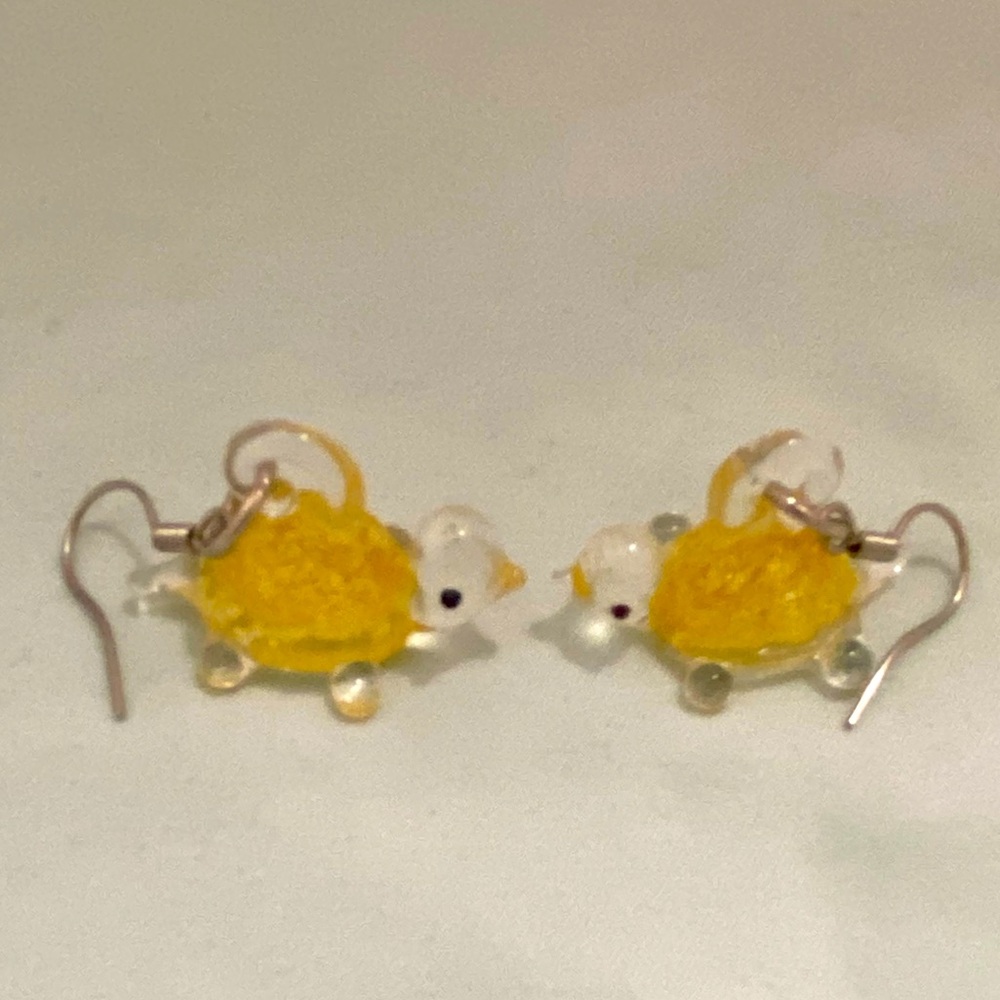Yellow and White Glass Turtle Earrings